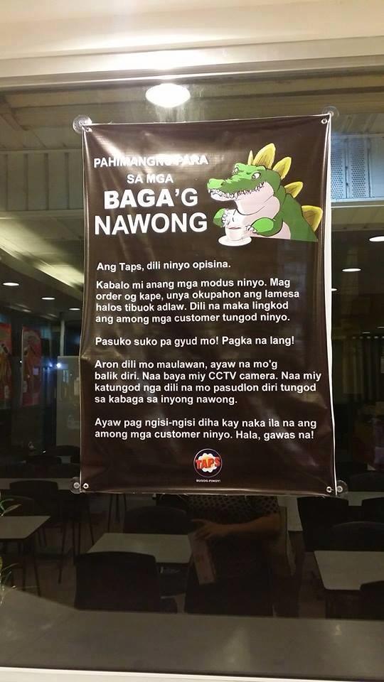 TAPS restaurant Davao has a warning for table hoggers