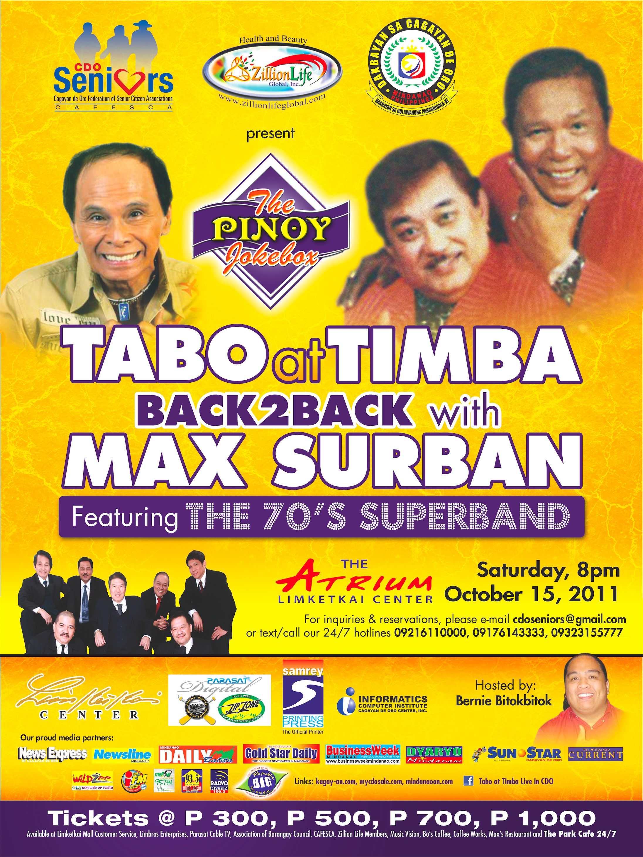 UPDATED: Tabo at Timba and Max Surban featuring the 70’s Superband Live in CDO this October 15, 2011!